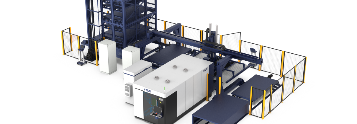 New and used CNC machines for sale shown by a HSG Fibre Laser machine with a loading and unloading system.